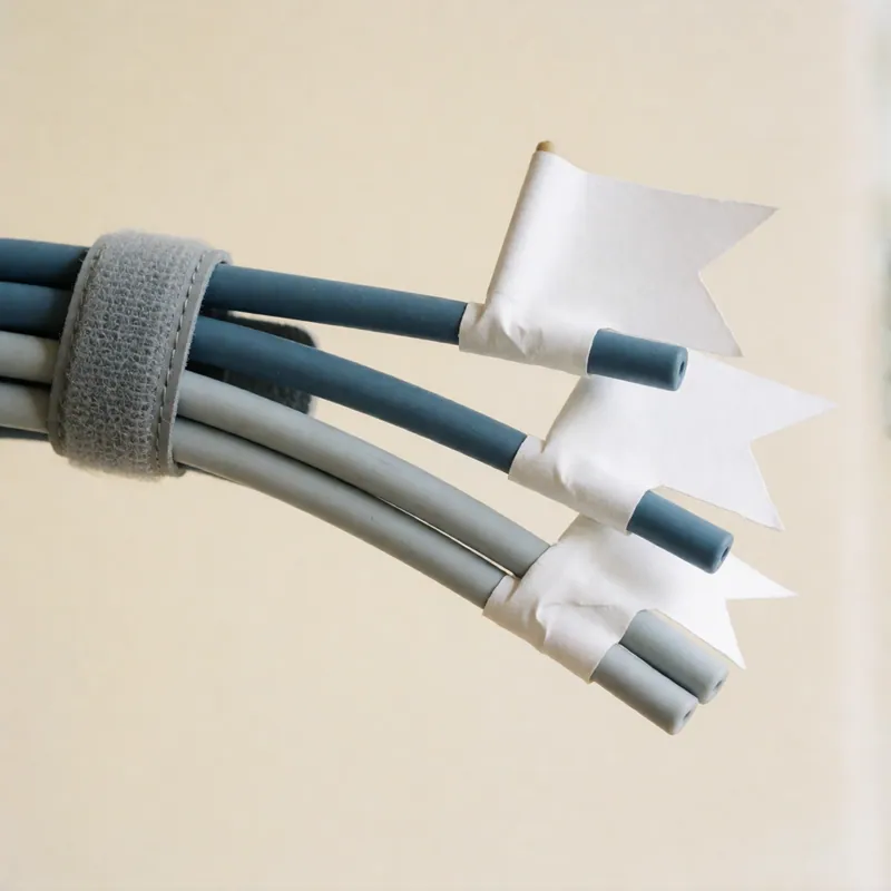 Отблизо: три кабела със сива лепенка, на края на всеки празно бяло флагче от тиксо.